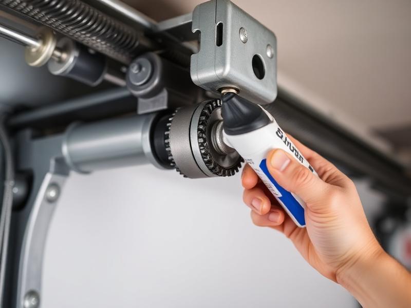 Close-up of garage door chain drive mechanism being lubricated during maintenance