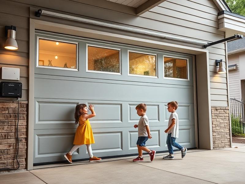 Family with children safely using garage door with automatic safety sensors