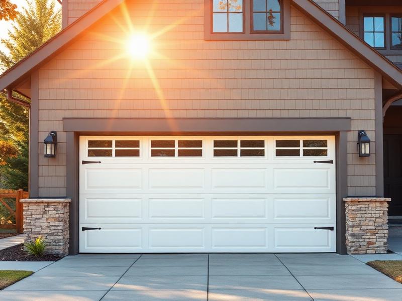Modern energy-efficient insulated garage door on beautiful home with sunlight