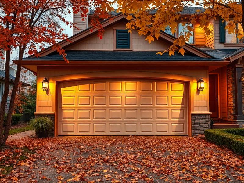 Beautiful residential home with garage door in autumn setting with fall leaves