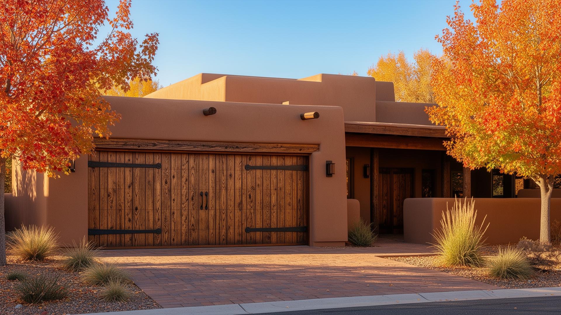 Beautiful Southwest adobe style home with rustic wood grain textured garage doors featuring iron strap hinges