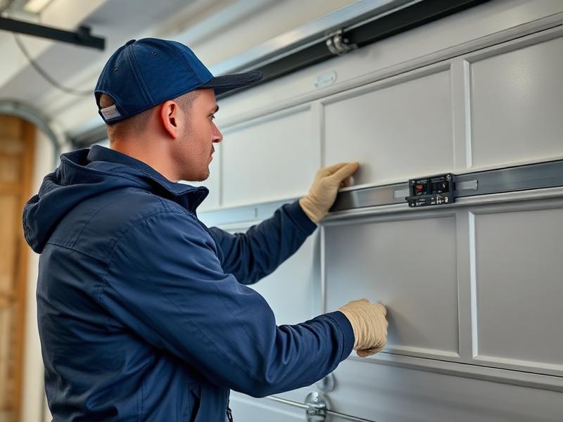 Professional garage door technician performing balance testing on residential garage door