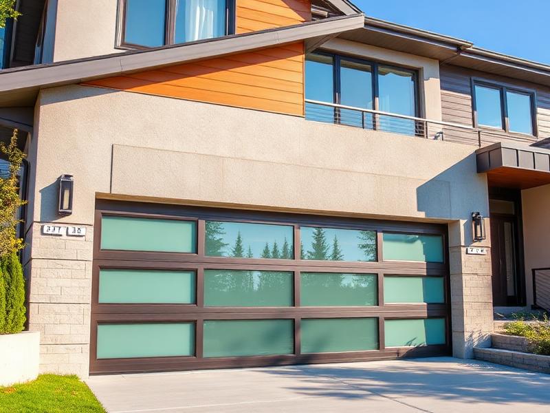 Modern aluminum and glass garage door installation on contemporary home