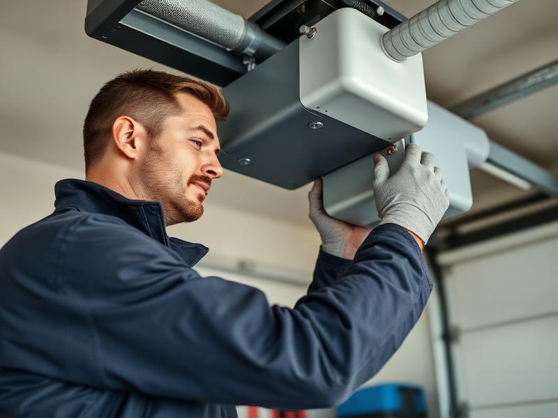 Experienced repairman adjusting garage door opener motor